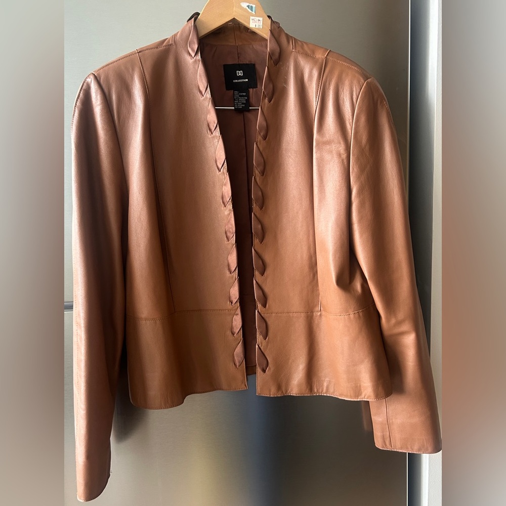 Collection Leather Jacket Cognac Cropped Open Front Braided Detail Size 14